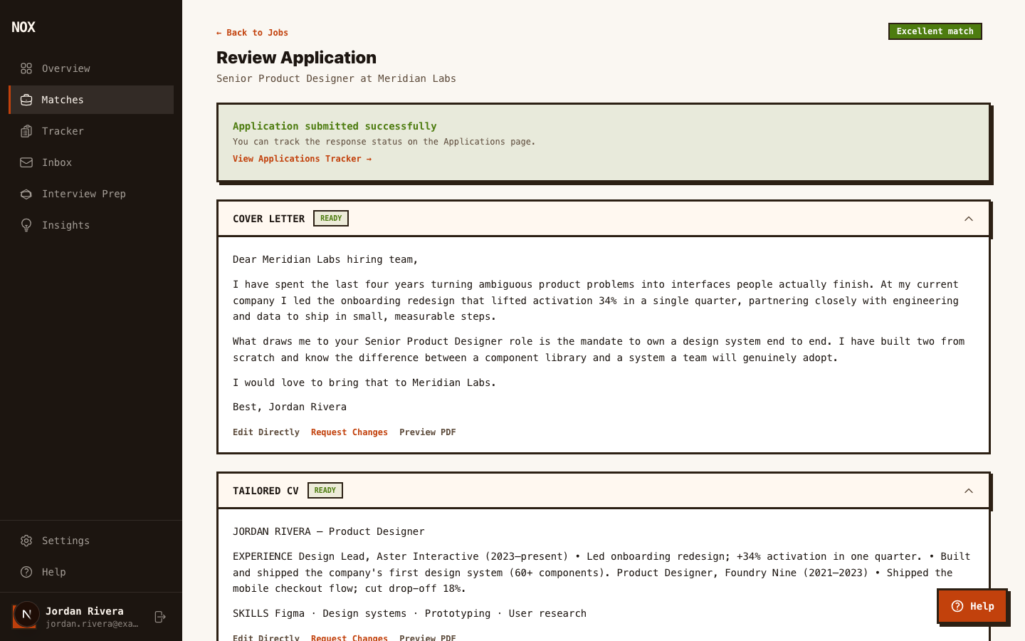 A submitted application with its tailored cover letter, tailored CV, and a confirmation banner