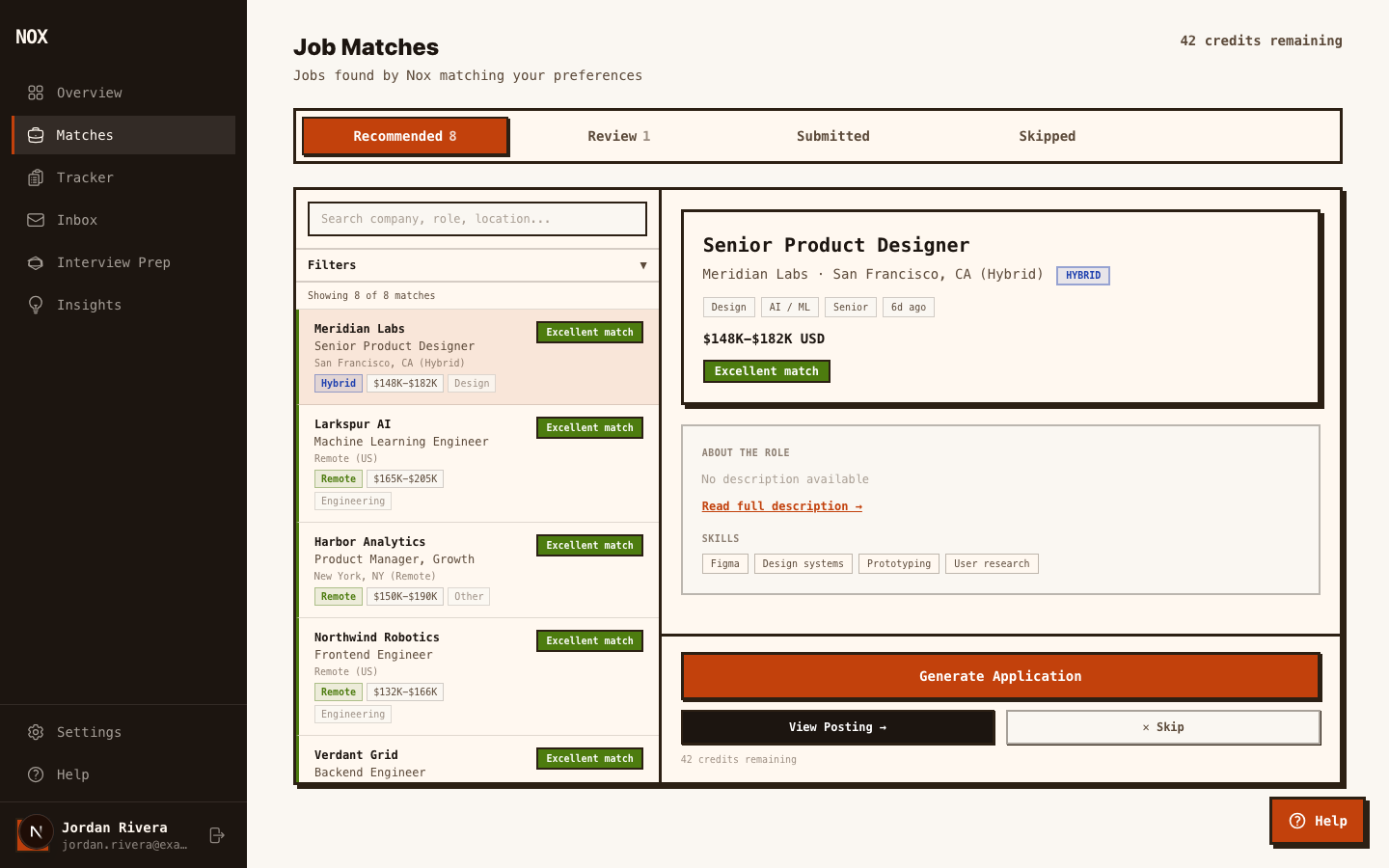 Nox dashboard showing recommended job matches scored against saved preferences